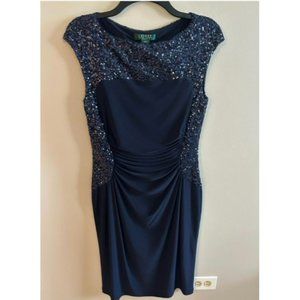Ralph Lauren, Size 8, Dark Navy Blue Sleeveless Sequin Knee Length Dress, NWT.